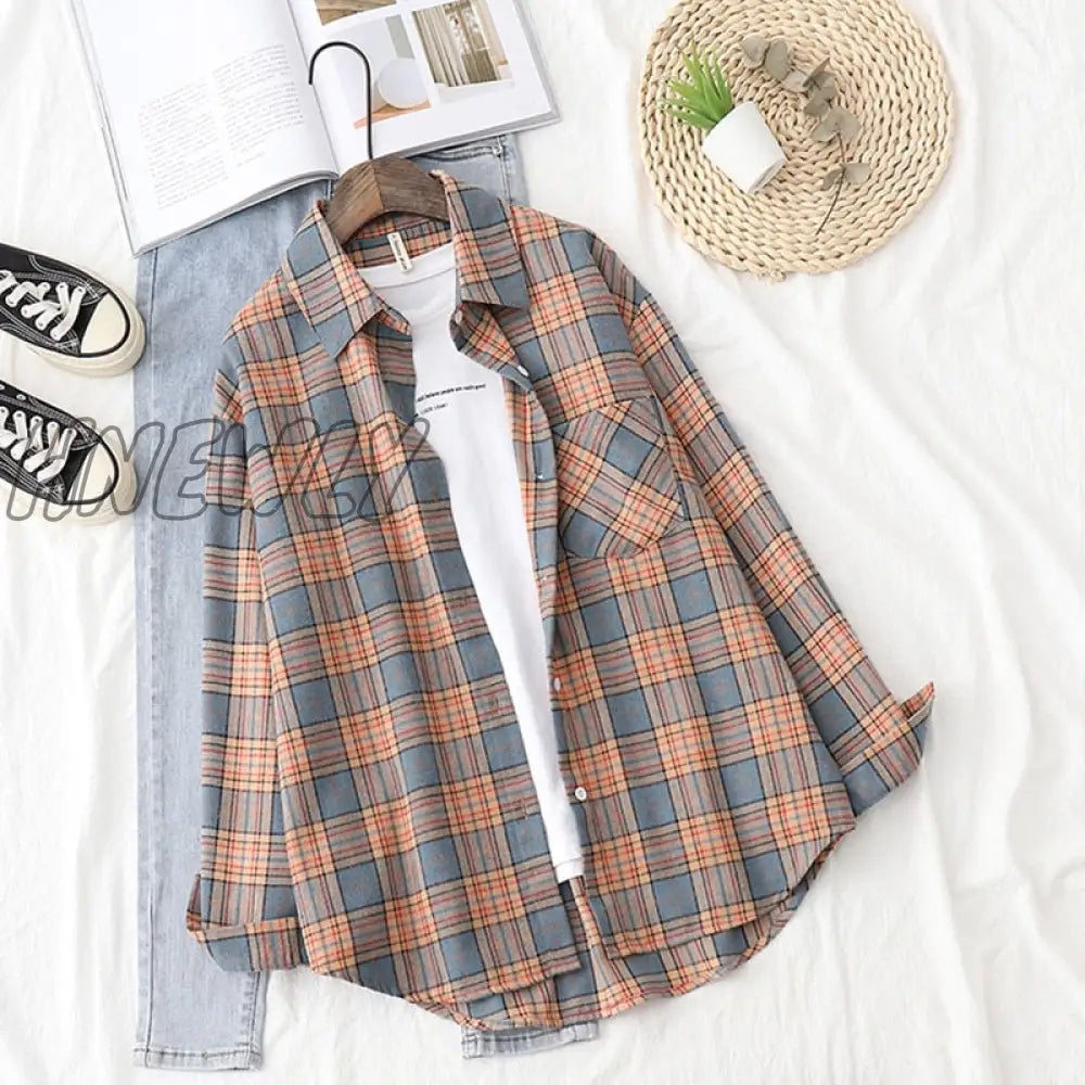 Hnewly Plaid Shirts Womens Blouses And Tops Long Sleeve Female Casual Print Loose Checked Lady