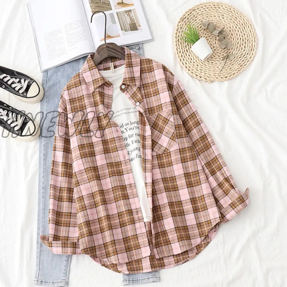 Hnewly Plaid Shirts Womens Blouses And Tops Long Sleeve Female Casual Print Loose Checked Lady
