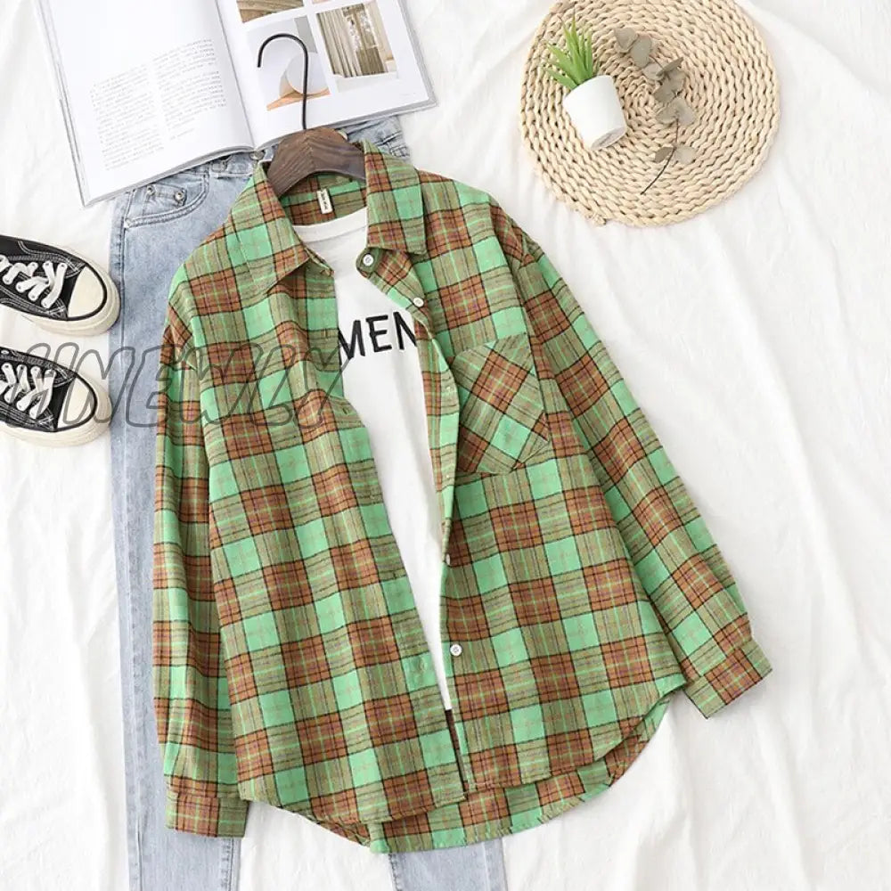 Hnewly Plaid Shirts Womens Blouses And Tops Long Sleeve Female Casual Print Loose Checked Lady