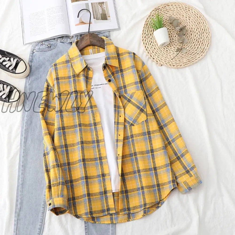 Hnewly Plaid Shirts Womens Blouses And Tops Long Sleeve Female Casual Print Loose Checked Lady