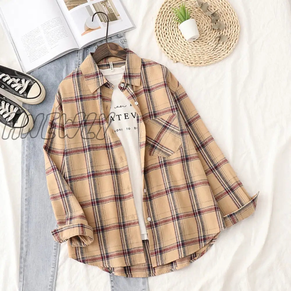 Hnewly Plaid Shirts Womens Blouses And Tops Long Sleeve Female Casual Print Loose Checked Lady