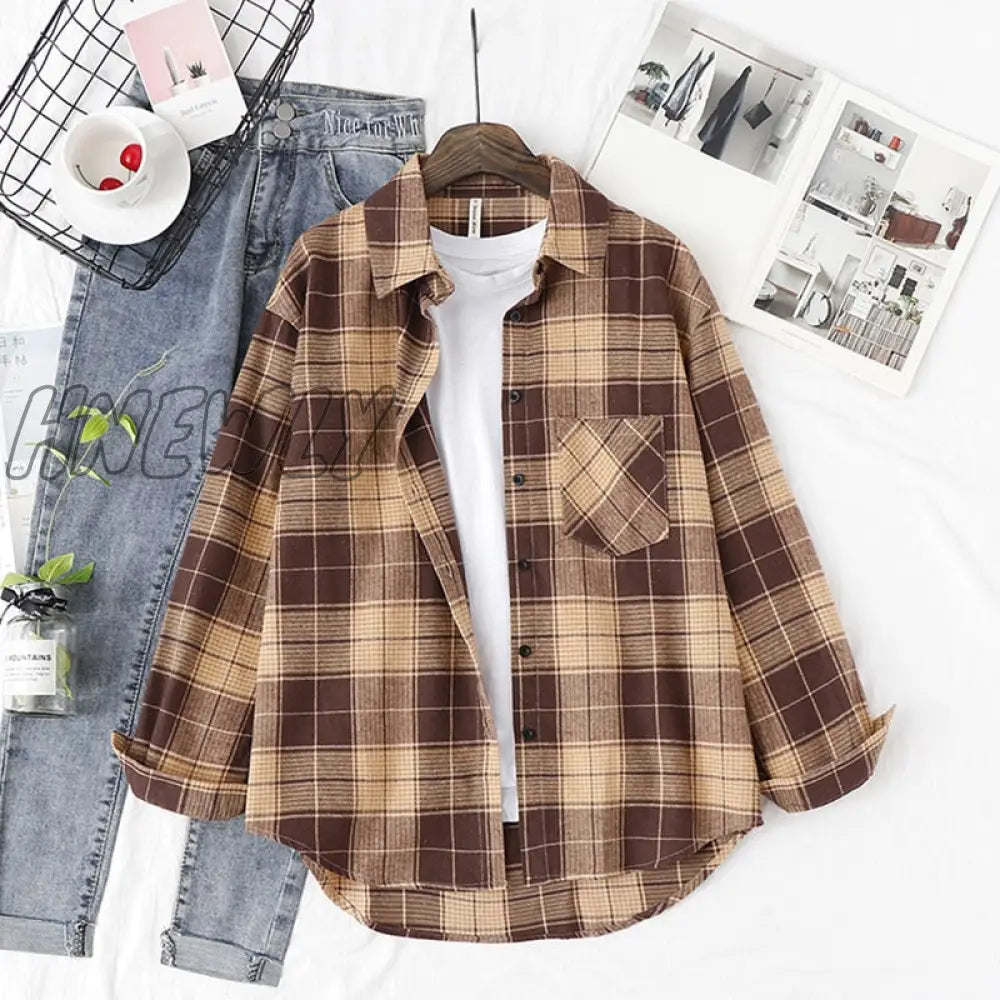 Hnewly Plaid Shirts Womens Blouses And Tops Long Sleeve Female Casual Print Loose Checked Lady
