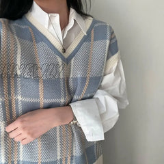 Hnewly Plaid Vest Women Spring Autumn New Vintage Sleeveless Sweater Korea Casual Ladies Knitted