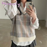 Hnewly Plaid Vest Women Spring Autumn New Vintage Sleeveless Sweater Korea Casual Ladies Knitted