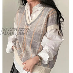 Hnewly Plaid Vest Women Spring Autumn New Vintage Sleeveless Sweater Korea Casual Ladies Knitted