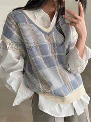 Hnewly Plaid Vest Women Spring Autumn New Vintage Sleeveless Sweater Korea Casual Ladies Knitted