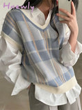 Hnewly Plaid Vest Women Spring Autumn New Vintage Sleeveless Sweater Korea Casual Ladies Knitted