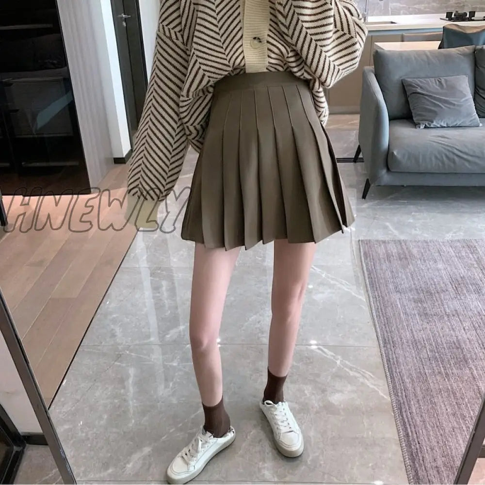 Hnewly Pleated Mini Skirt Women Cute Korean Fashion Solid Slim High Waist A-Line Short School Girls