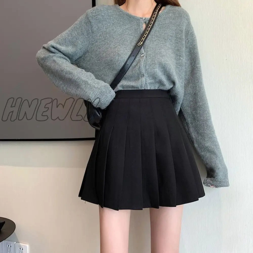 Hnewly Pleated Mini Skirt Women Cute Korean Fashion Solid Slim High Waist A-Line Short School Girls