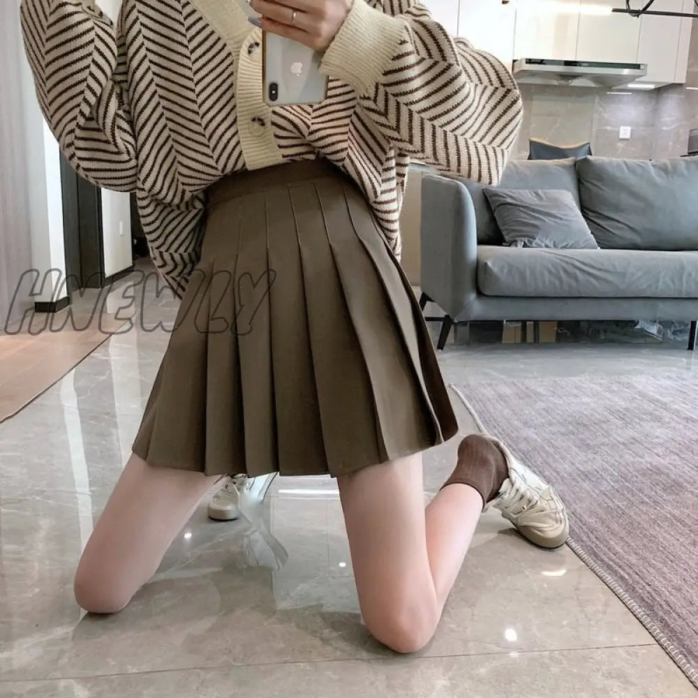 Hnewly Pleated Mini Skirt Women Cute Korean Fashion Solid Slim High Waist A-Line Short School Girls