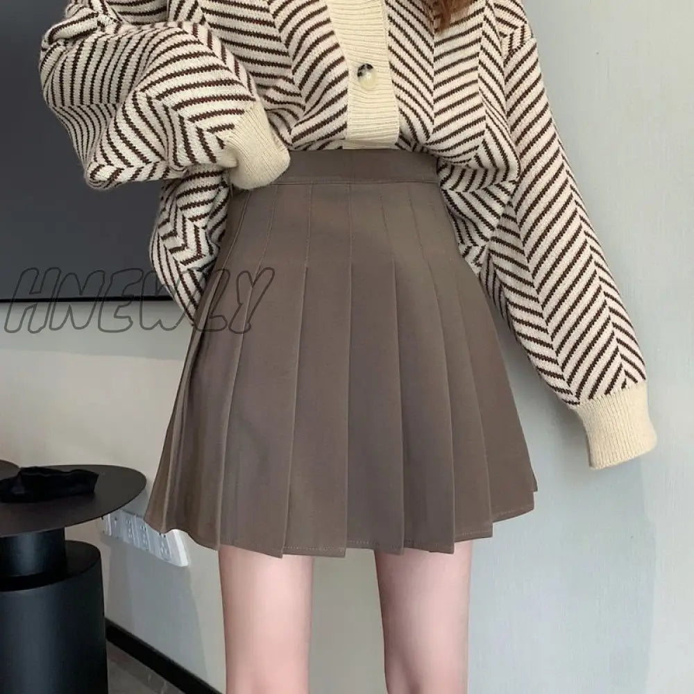 Hnewly Pleated Mini Skirt Women Cute Korean Fashion Solid Slim High Waist A-Line Short School Girls