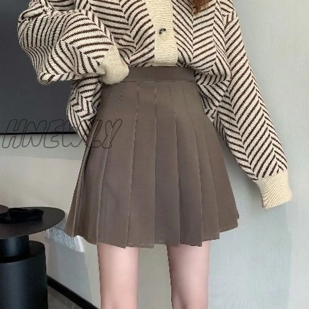 Hnewly Pleated Mini Skirt Women Cute Korean Fashion Solid Slim High Waist A-Line Short School Girls
