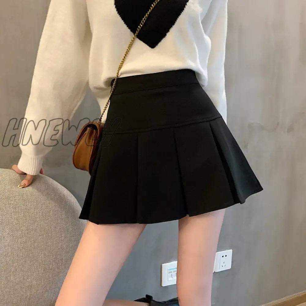 Hnewly Pleated Plaid Skirt Women Korean Fashion Autumn Vintage Preppy Style High Waisted Black