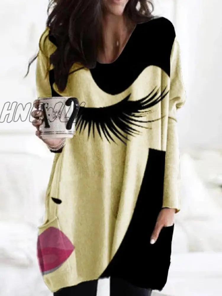 Hnewly Plus Size 3Xl Women Print Irregular Hem Tshirt Vintage Long Sleeve T - Shirt Tops V - Neck