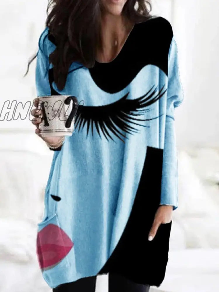 Hnewly Plus Size 3Xl Women Print Irregular Hem Tshirt Vintage Long Sleeve T - Shirt Tops V - Neck