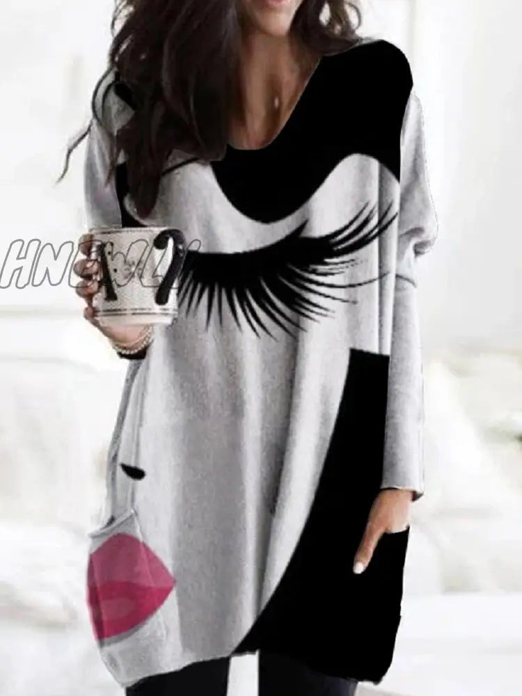 Hnewly Plus Size 3Xl Women Print Irregular Hem Tshirt Vintage Long Sleeve T - Shirt Tops V - Neck