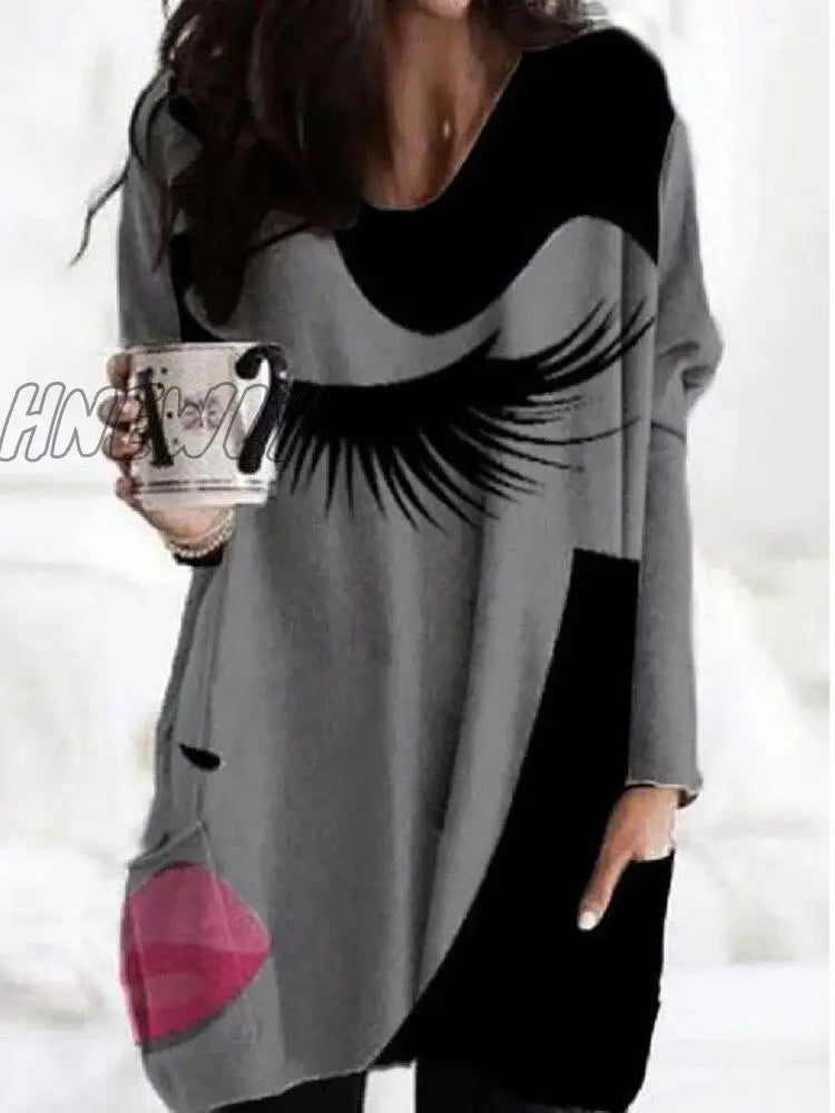 Hnewly Plus Size 3Xl Women Print Irregular Hem Tshirt Vintage Long Sleeve T - Shirt Tops V - Neck