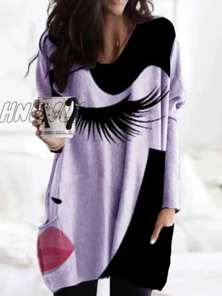 Hnewly Plus Size 3Xl Women Print Irregular Hem Tshirt Vintage Long Sleeve T - Shirt Tops V - Neck
