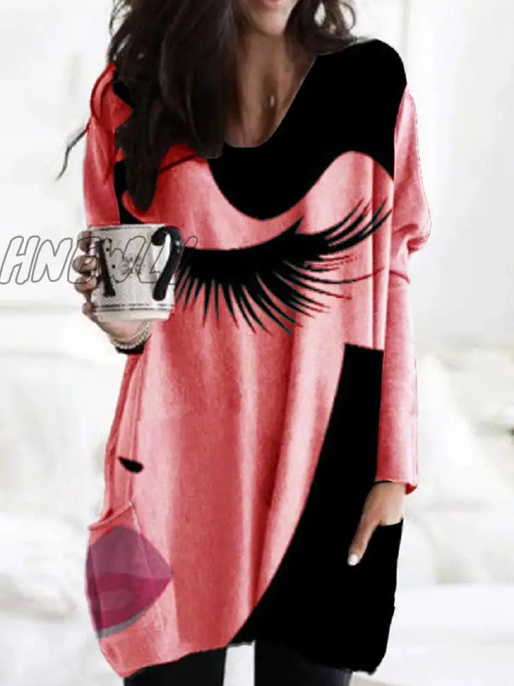 Hnewly Plus Size 3Xl Women Print Irregular Hem Tshirt Vintage Long Sleeve T - Shirt Tops V - Neck