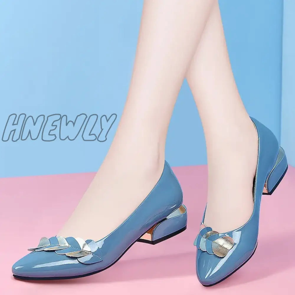 Hnewly Plus Size 41 Women Pumps Patent Leather Dress Shoes Low Heels Ol Office Lady Leaf Boat Shoe