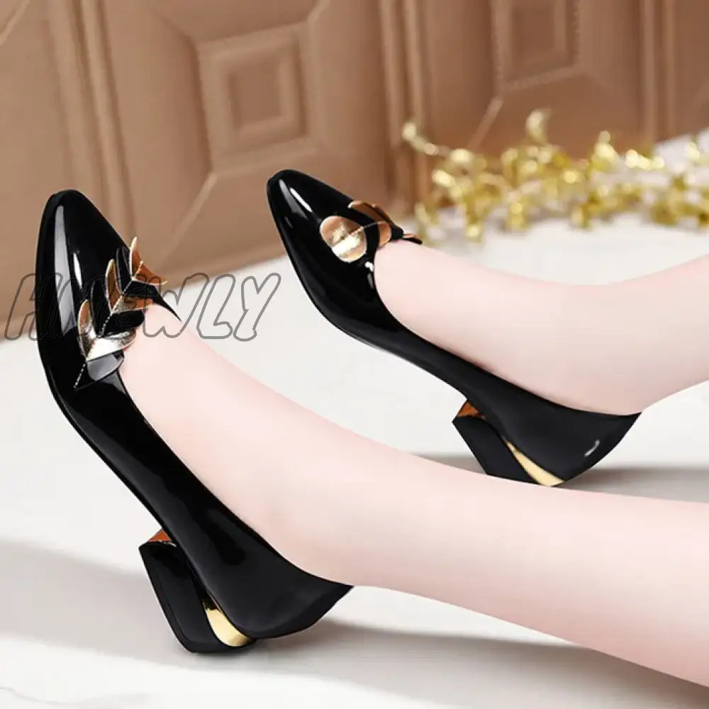 Hnewly Plus Size 41 Women Pumps Patent Leather Dress Shoes Low Heels Ol Office Lady Leaf Boat Shoe
