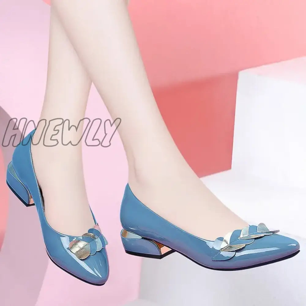 Hnewly Plus Size 41 Women Pumps Patent Leather Dress Shoes Low Heels Ol Office Lady Leaf Boat Shoe