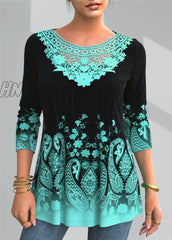 Hnewly Plus Size 4Xl 5Xl T-Shirt Female Spring New Tops V-Neck Half Sleeve Lace Splice Print Boho