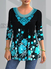 Hnewly Plus Size 4Xl 5Xl T-Shirt Female Spring New Tops V-Neck Half Sleeve Lace Splice Print Boho