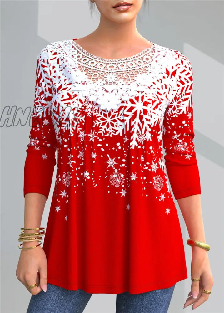 Hnewly Plus Size 4Xl 5Xl T-Shirt Female Spring New Tops V-Neck Half Sleeve Lace Splice Print Boho
