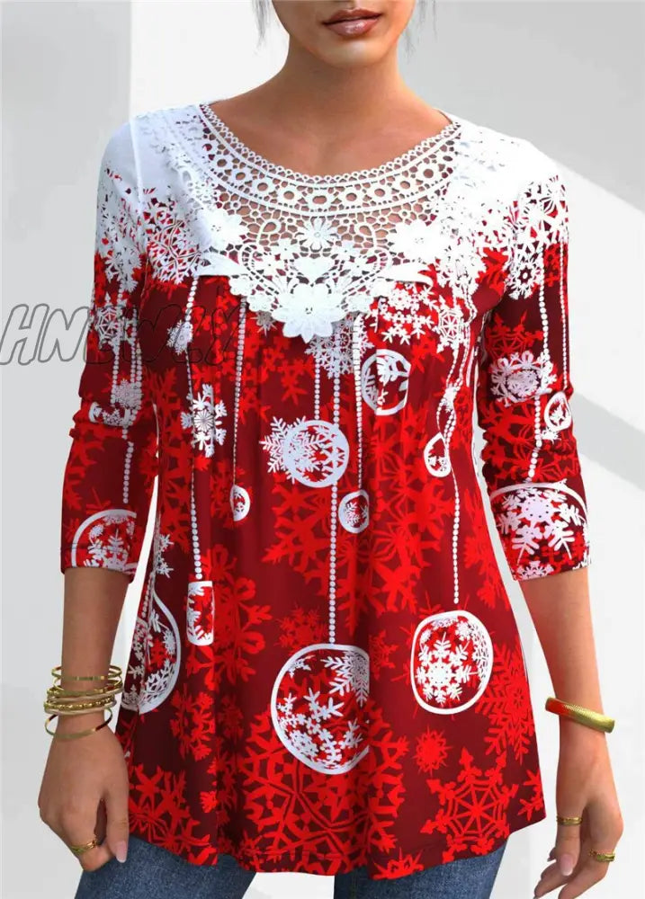 Hnewly Plus Size 4Xl 5Xl T-Shirt Female Spring New Tops V-Neck Half Sleeve Lace Splice Print Boho