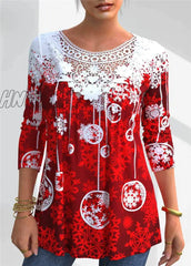 Hnewly Plus Size 4Xl 5Xl T-Shirt Female Spring New Tops V-Neck Half Sleeve Lace Splice Print Boho