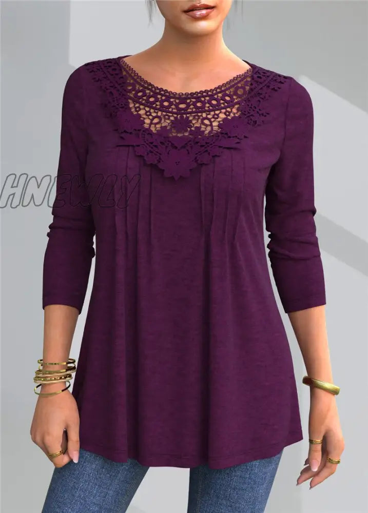 Hnewly Plus Size 4Xl 5Xl T-Shirt Female Spring New Tops V-Neck Half Sleeve Lace Splice Print Boho