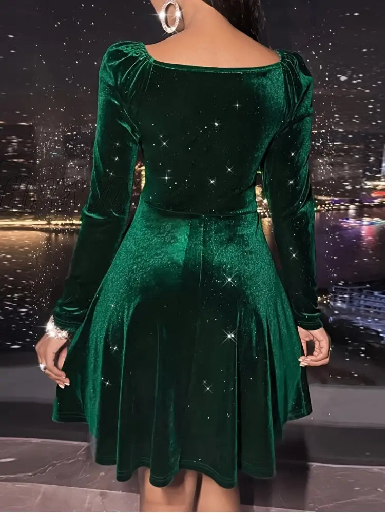 Hnewly Plus Size Elegant Dress Women’s Solid Velvet Ruched Long Sleeve V Neck Nipped Waist A-Line