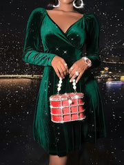 Hnewly Plus Size Elegant Dress Women’s Solid Velvet Ruched Long Sleeve V Neck Nipped Waist A-Line