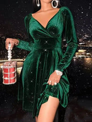 Hnewly Plus Size Elegant Dress Women’s Solid Velvet Ruched Long Sleeve V Neck Nipped Waist A-Line