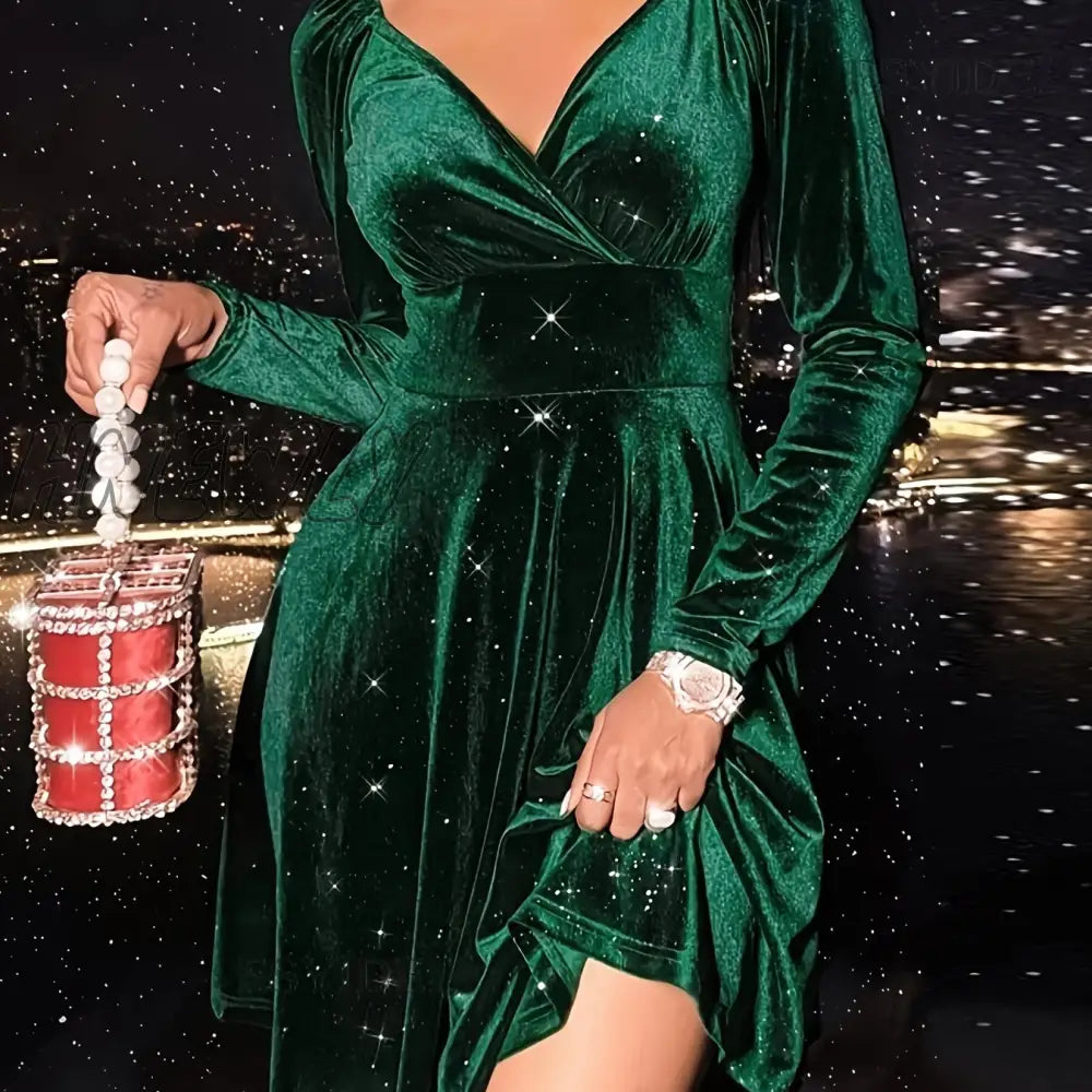 Hnewly Plus Size Elegant Dress Women’s Solid Velvet Ruched Long Sleeve V Neck Nipped Waist A-Line
