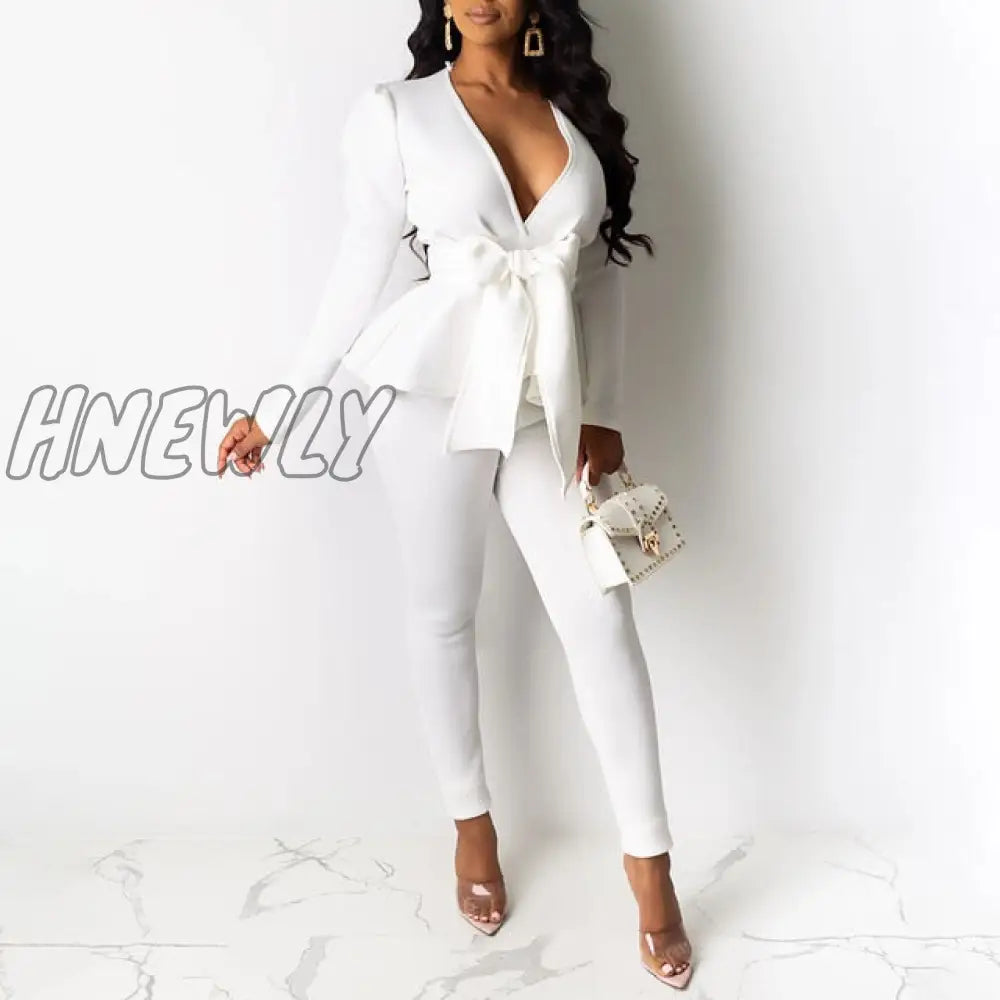 Hnewly Plus Size Office Ladies Blue Pink 2 Two Piece Set Top And Pants Elegant Female Casual