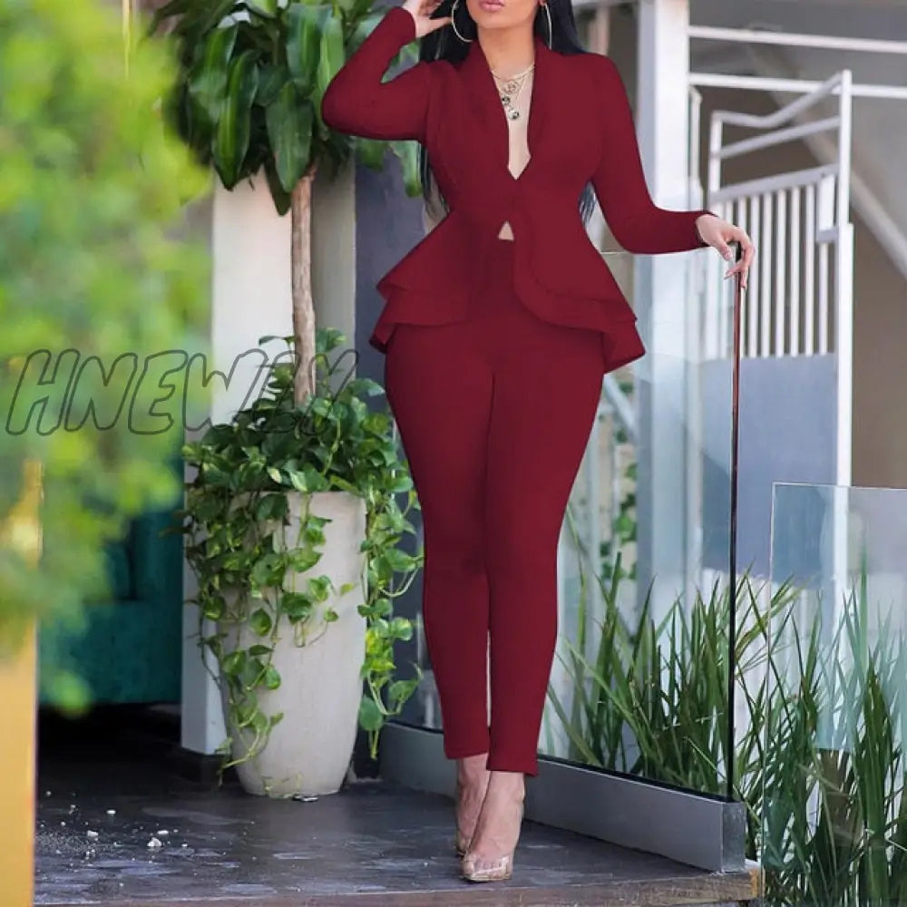 Hnewly Plus Size Office Ladies Blue Pink 2 Two Piece Set Top And Pants Elegant Female Casual