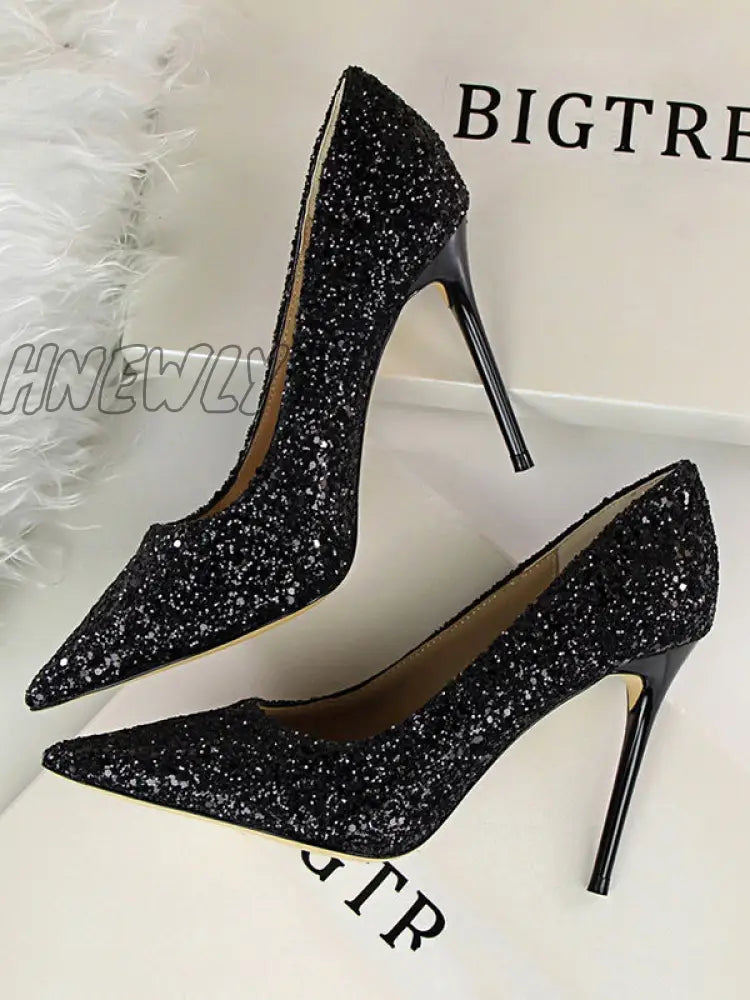 Hnewly - Pointed-Toe Sequined Shallow Cut Pumps Black / Us 6 | Eu 36 2/3 Uk 4 Cn
