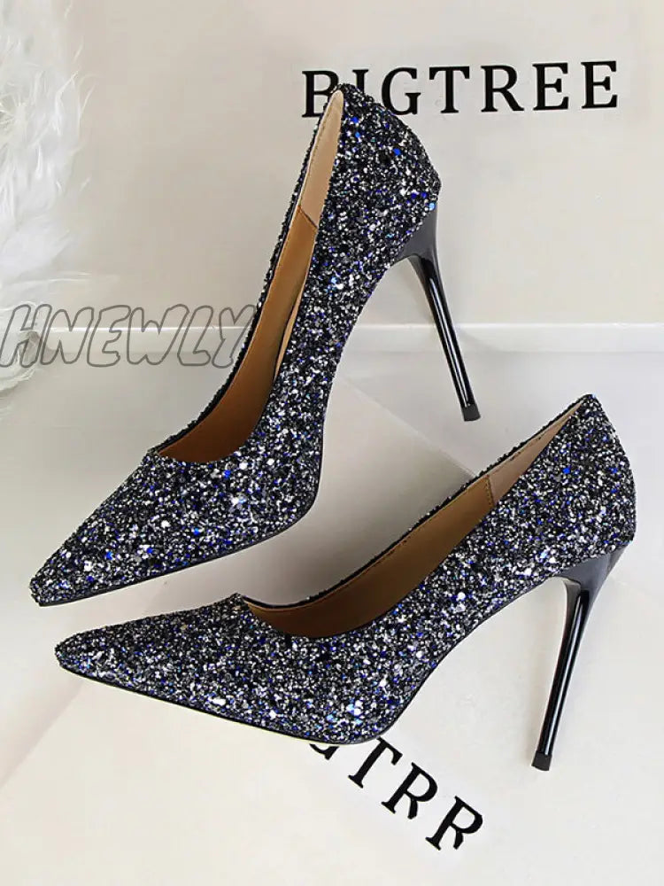 Hnewly - Pointed-Toe Sequined Shallow Cut Pumps Blue / Us 6 | Eu 36 2/3 Uk 4 Cn