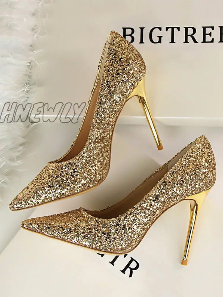 Hnewly - Pointed-Toe Sequined Shallow Cut Pumps Gold / Us 6 | Eu 36 2/3 Uk 4 Cn