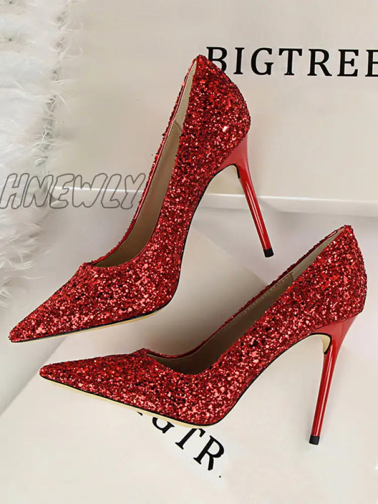 Hnewly - Pointed-Toe Sequined Shallow Cut Pumps Red / Us 6 | Eu 36 2/3 Uk 4 Cn