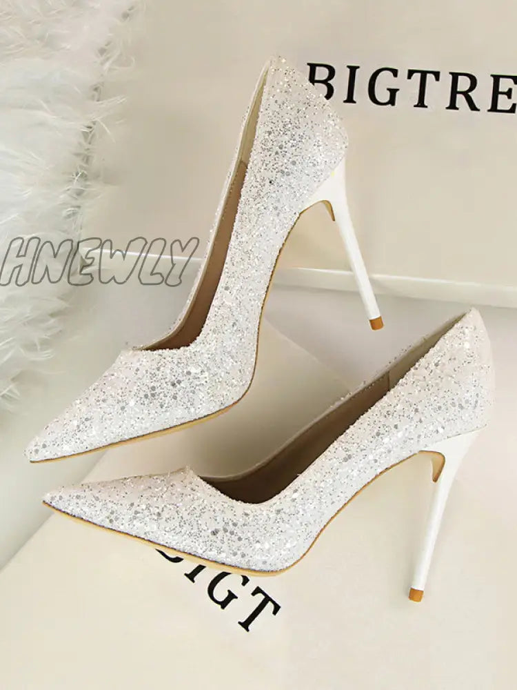 Hnewly - Pointed-Toe Sequined Shallow Cut Pumps White / Us 6 | Eu 36 2/3 Uk 4 Cn