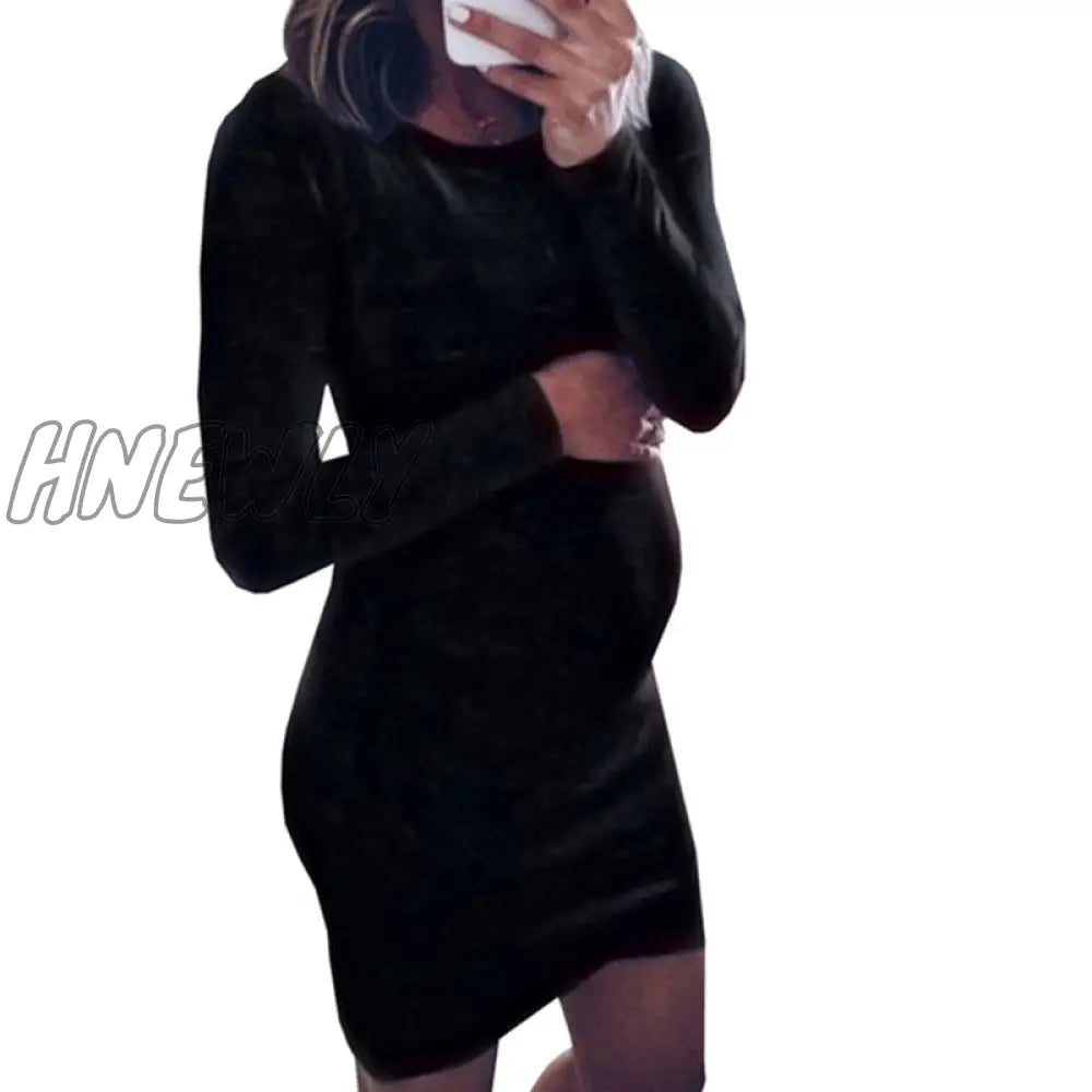 Hnewly Pregnancy Autumn Dresses Pregnant Women Long Sleeve Bodycon O - Neck Casual Dress Mother