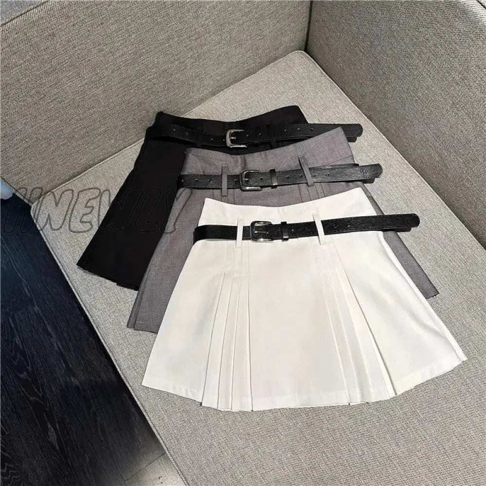Hnewly Preppy Pleated Mini Skirt Women Summer Sexy Gyaru Belt High Waist Solid A-Line Micro Shorts