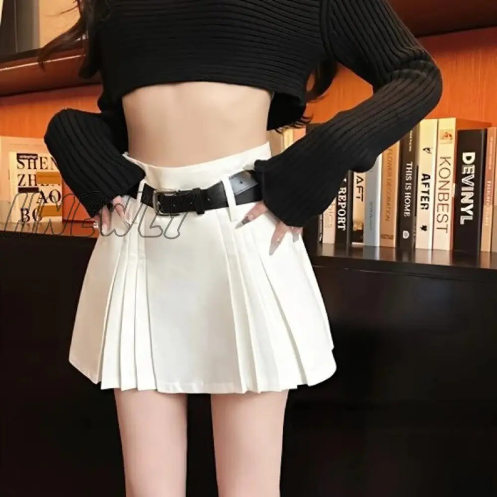 Hnewly Preppy Pleated Mini Skirt Women Summer Sexy Gyaru Belt High Waist Solid A-Line Micro Shorts