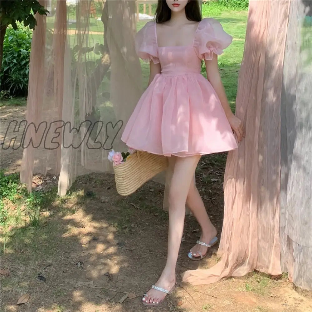 Hnewly Preppy Woman Sweet Pink Dress Summer Retro Elegant Square Collar Puff Sleeve Fluffy Korean