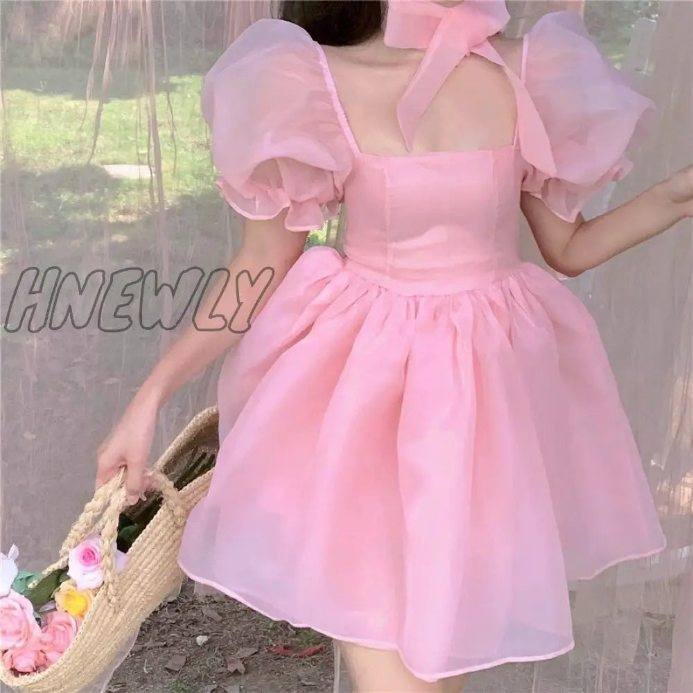 Hnewly Preppy Woman Sweet Pink Dress Summer Retro Elegant Square Collar Puff Sleeve Fluffy Korean