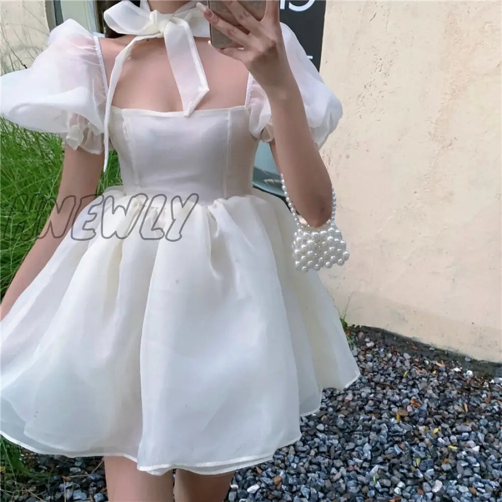 Hnewly Preppy Woman Sweet Pink Dress Summer Retro Elegant Square Colla – hnewly