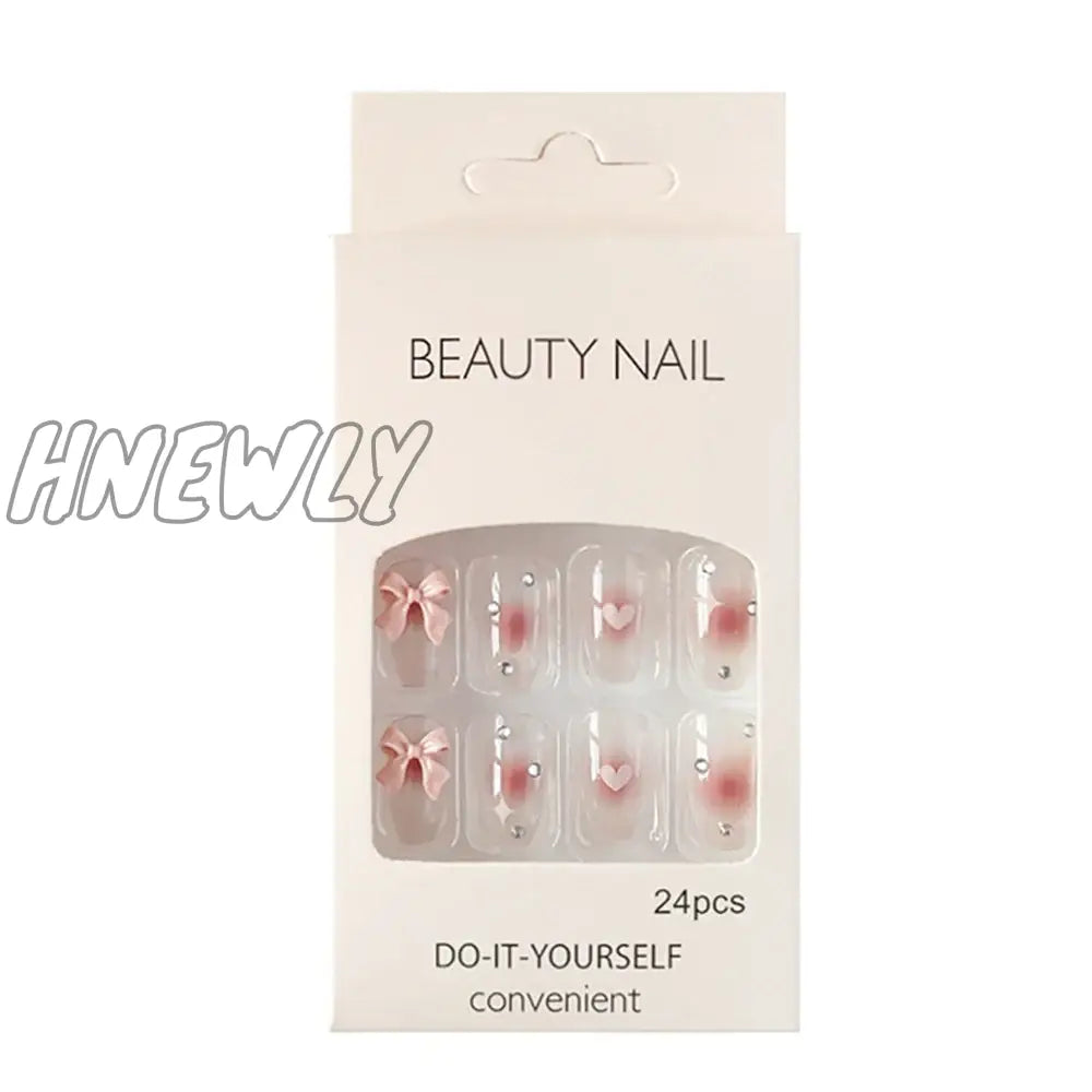 Hnewly Press On Nails Heart 24Pcs Pink Bow False Nail Girls Sweet Style Save Time Medium Coffin